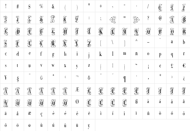 BodoniClassicDecoTwoPlain Regular  glyph index