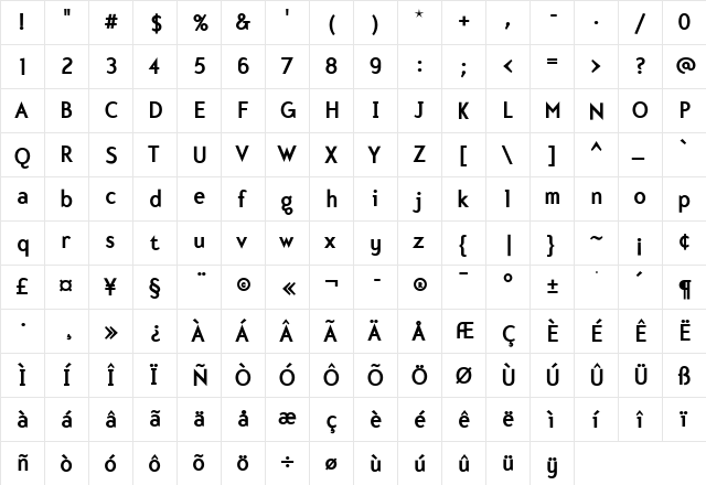 Mercury Bold  glyph index