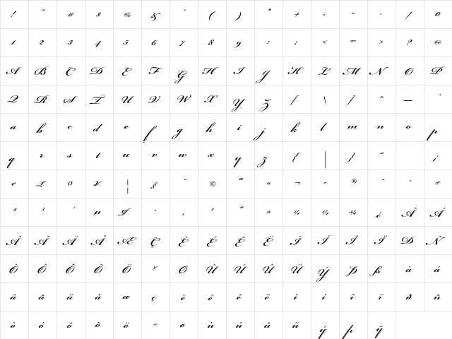 Bickham Script Pro Semibold  glyph index