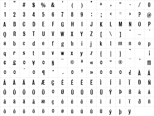 Bureau Regular  glyph index