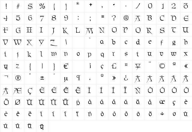 Chevalier Regular  glyph index