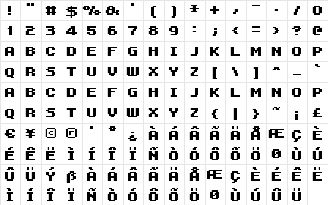 FFF Professional Bold Extended Regular  glyph index