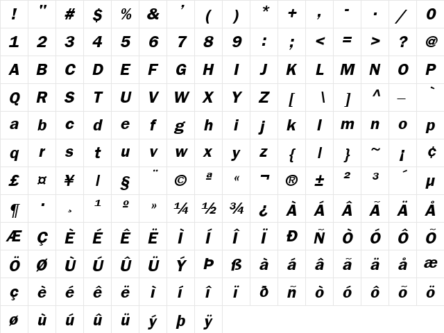 FrankfurtGothic Bold Italic  glyph index