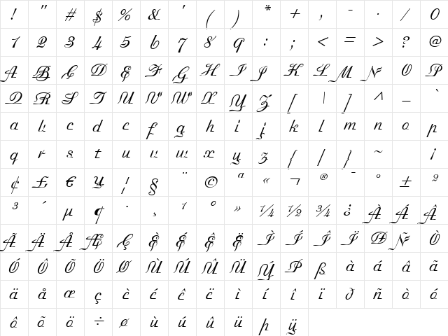 Madisonian Light  glyph index