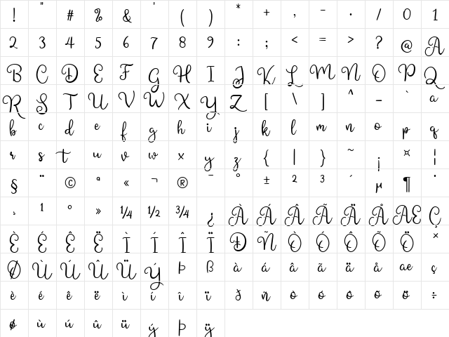 Shining Glory Regular  glyph index