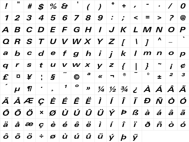 LinotypeUnivers ExtdBoldItalic  glyph index