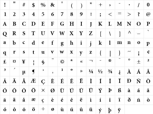 Minion LT Bold Regular  glyph index