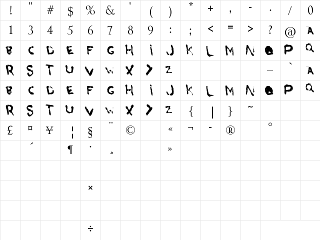 Arslan's Blood Regular  glyph index