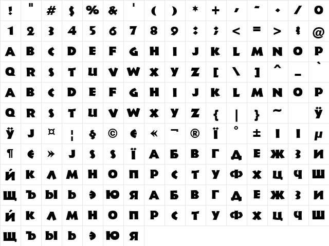 Newland Black Regular  glyph index