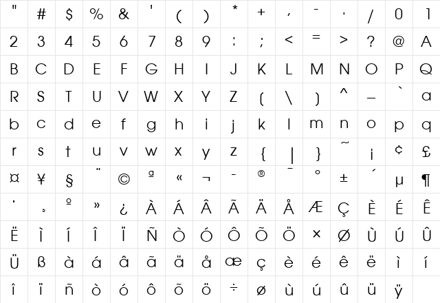 AvantGardeITC Book  glyph index