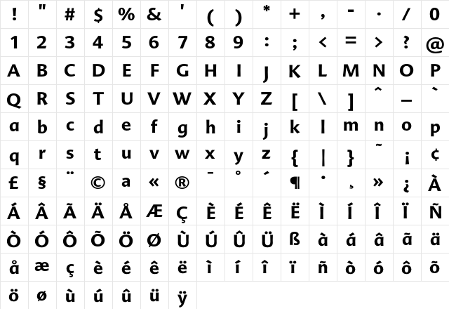 Advert Bold  glyph index