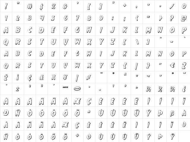 Mrs. Monster 3D Italic Italic  glyph index