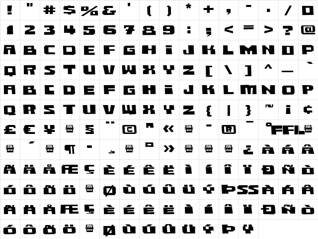 Comrade-BoldExtended Regular  glyph index