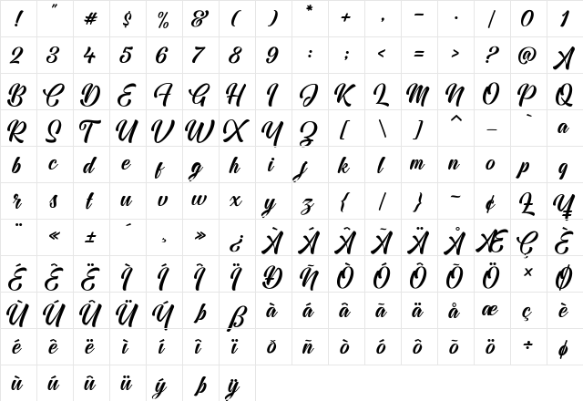 Jodie Garland Regular Regular  glyph index