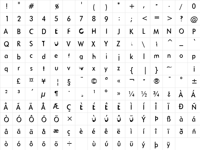 Tanklason Regular  glyph index