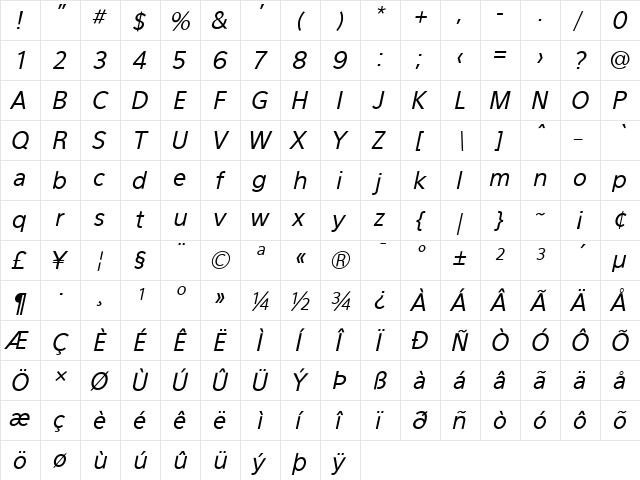 Eau Sans Book Oblique  glyph index