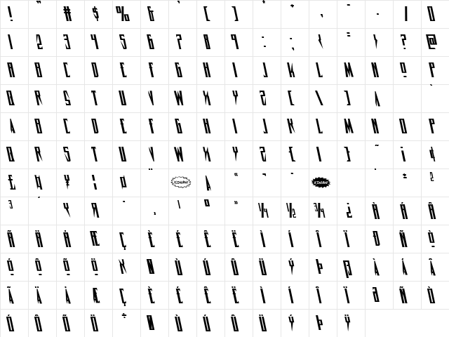 Timberwolf Leftalic Italic  glyph index