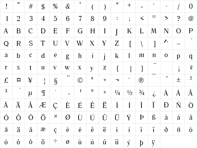 Romana Becker Regular  glyph index