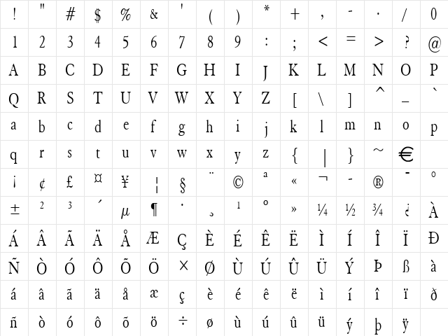 ElephantCondensed Normal  glyph index