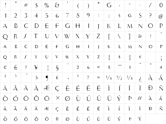 VintageITC TT Regular  glyph index