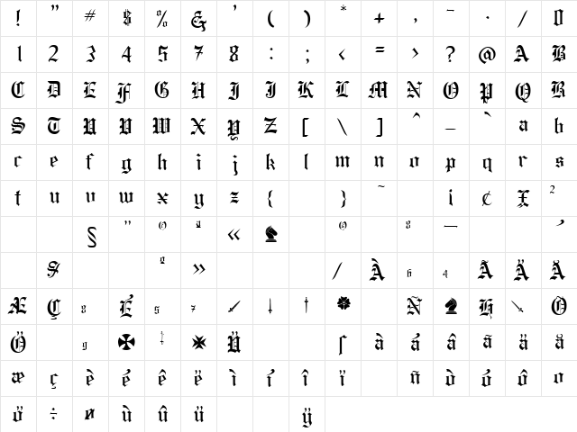 Inferno 10 Regular  glyph index