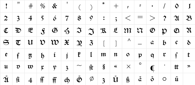 Alte Schwabacher BQ Regular  glyph index