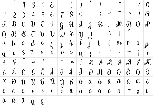 Stayland Regular  glyph index