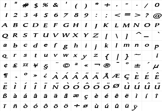 Barrett Extended Bold Italic  glyph index