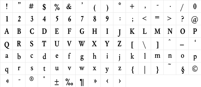 MyslNarrowC Bold  glyph index