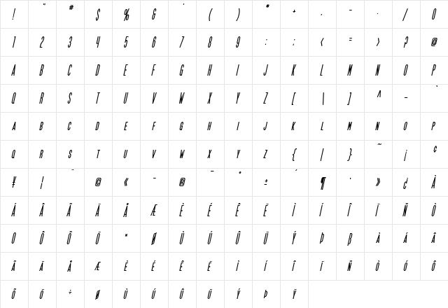 SF Movie Poster Condensed Bold Oblique  glyph index