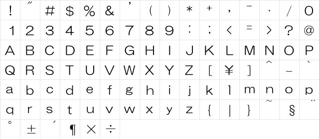 HGMaruGothicMPRO Regular  glyph index