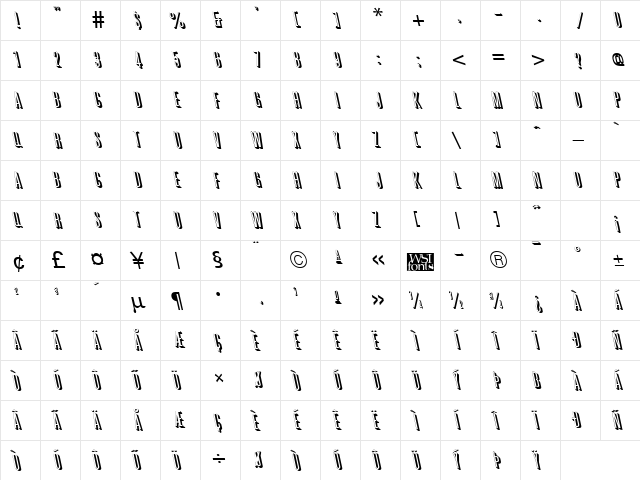 GreatShadowBackslant Regular  glyph index