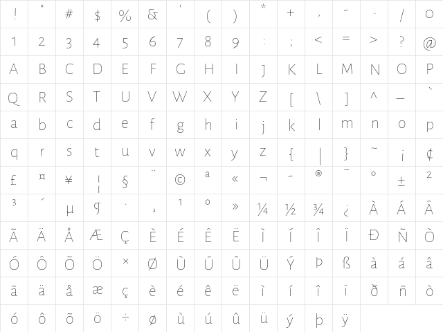 Alegreya Sans Thin Regular  glyph index