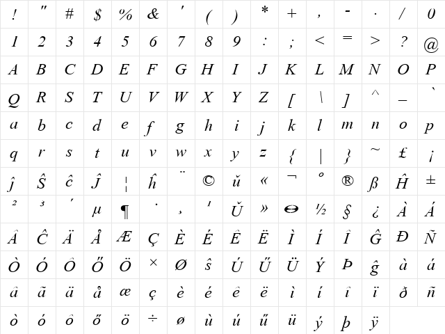 Tempo Esperanto Kursiva  glyph index