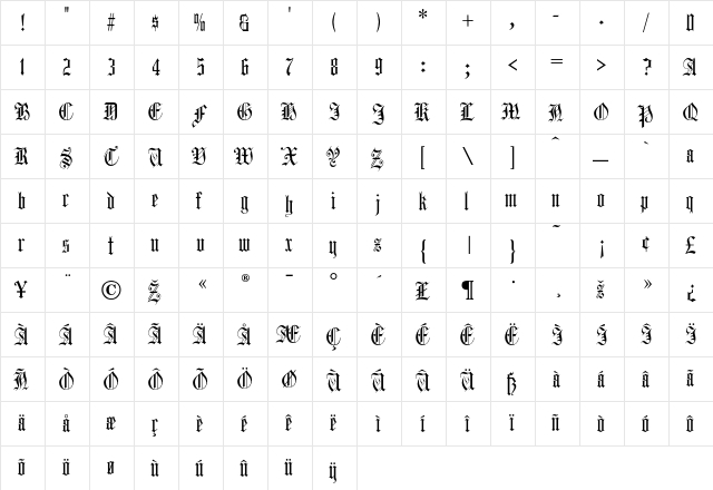 Harrowgate Regular  glyph index