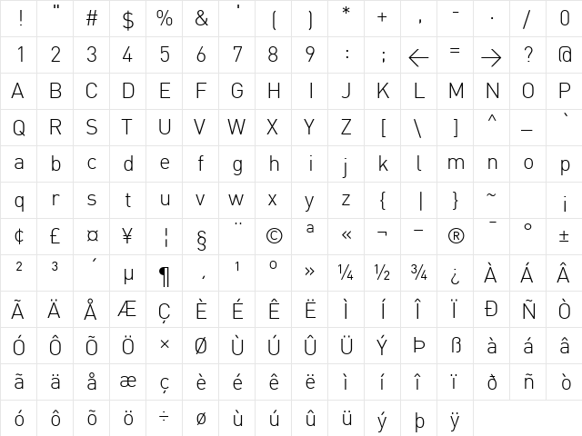 DIN Light Regular  glyph index
