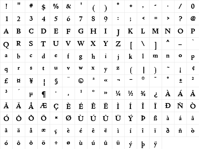 NicolasJensonSG Regular  glyph index