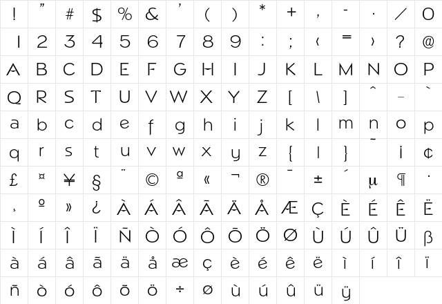 Napoli-Light Regular  glyph index