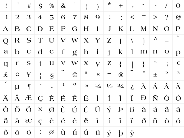 Americana Bold  glyph index