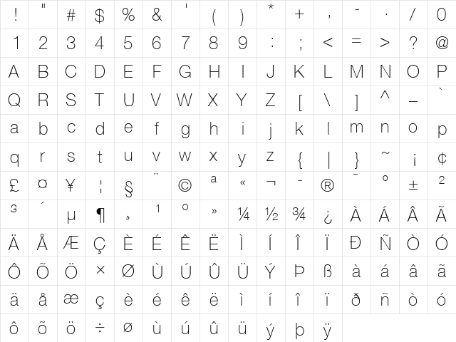 Helvetica 35 Thin Regular  glyph index