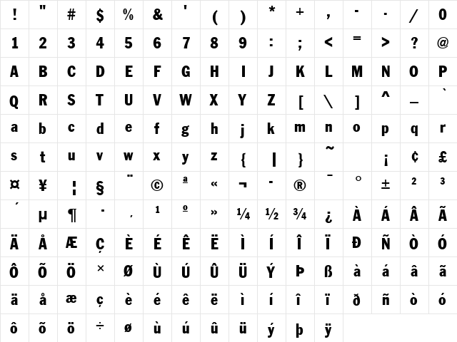 FranklinGotTRegCon Regular  glyph index