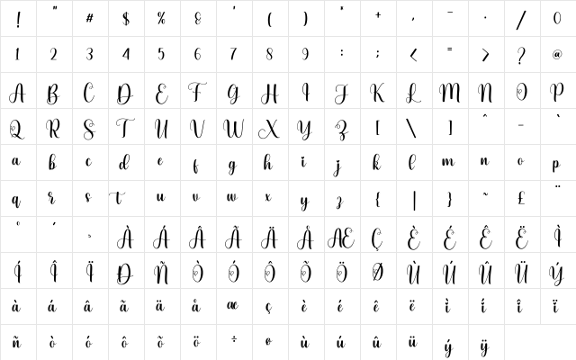 Bellarose DEMO Regular  glyph index