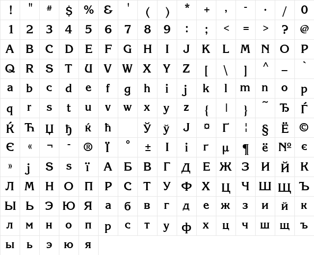 KorinnaCTT Bold  glyph index