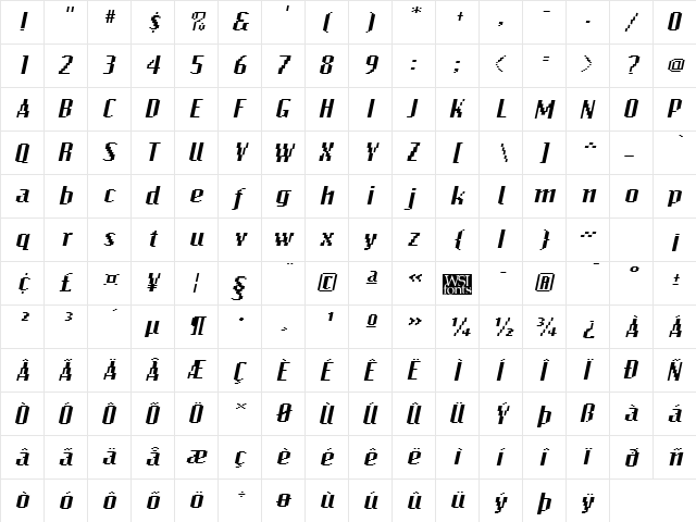 BitmapWide Italic  glyph index