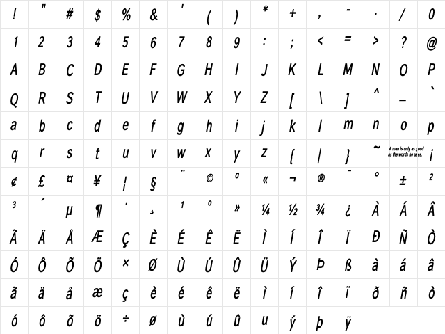 Carnova SemiBld Narrow Obl Regular  glyph index
