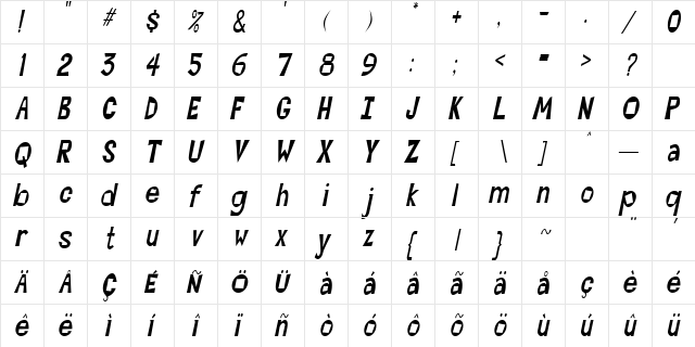 CocktailsCondensed Italic  glyph index