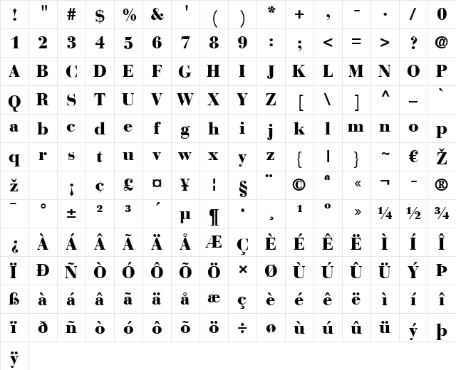 BauerBodoni LT Black Regular  glyph index