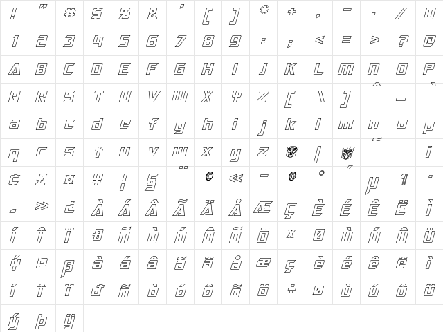 Optimus Hollow Italic  glyph index