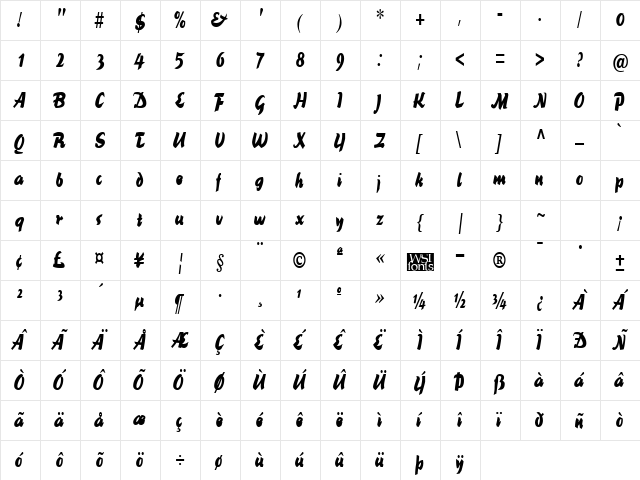BrookscriptNarrow Regular  glyph index