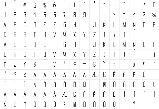 Pacifica Regular  glyph index